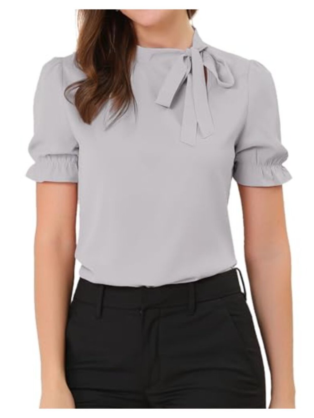 Women's Bow Tie Neck Blouse Elegant Office Short Sleeve Pleated Top